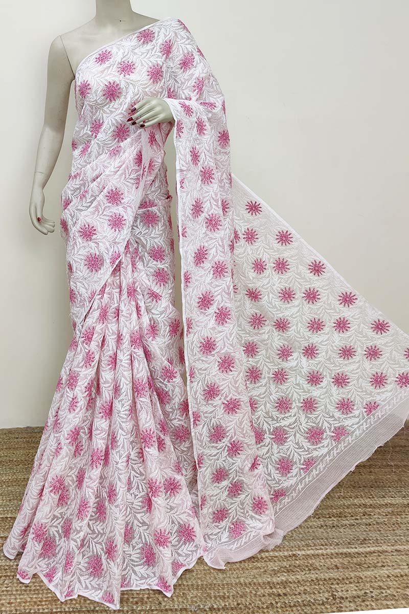 Pink color Kota cotton Hand Embroidered Tepchi Work Lucknowi Chikankari Saree (With Blouse - Cotton) MC252901