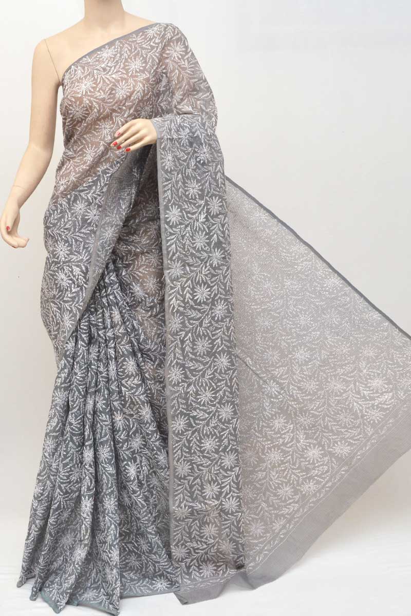 Dove Grey Weaved Lucknowi Chikankari Saree – STORI