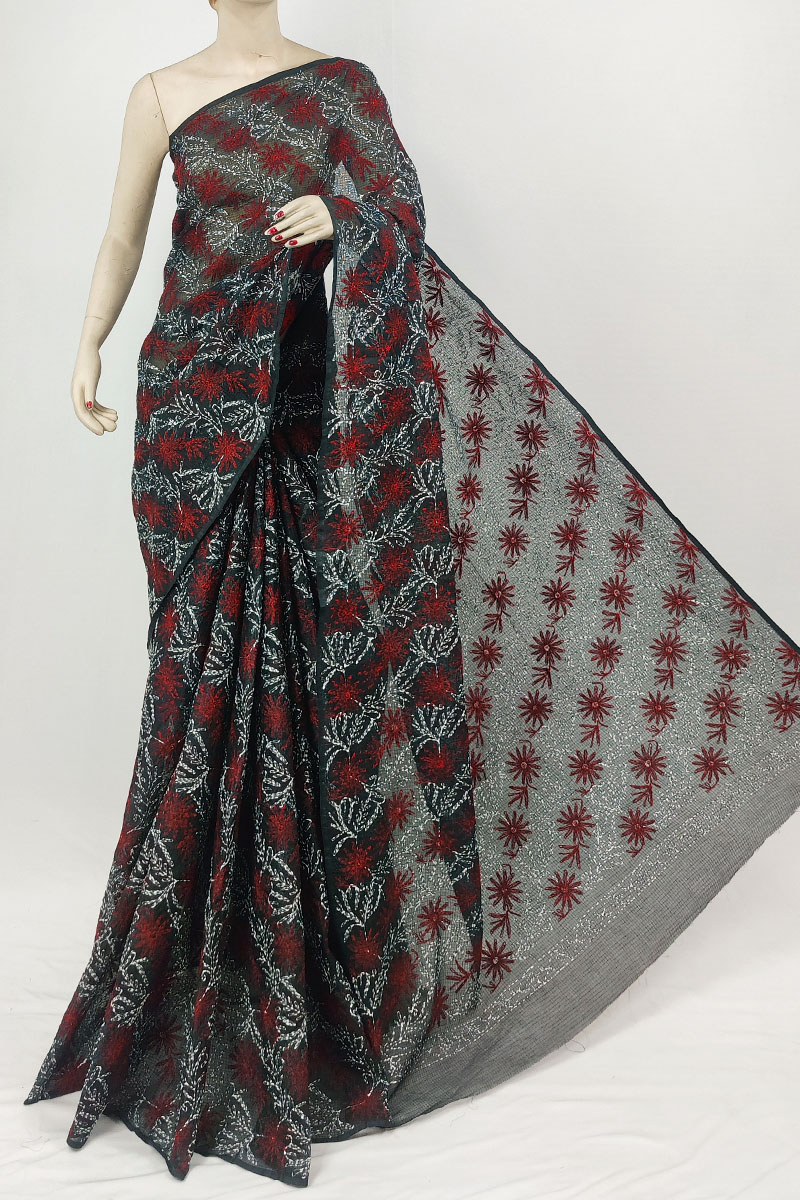 Black Colour Kota Cotton Lucknowi Chikankari Saree With Blouse MC253221