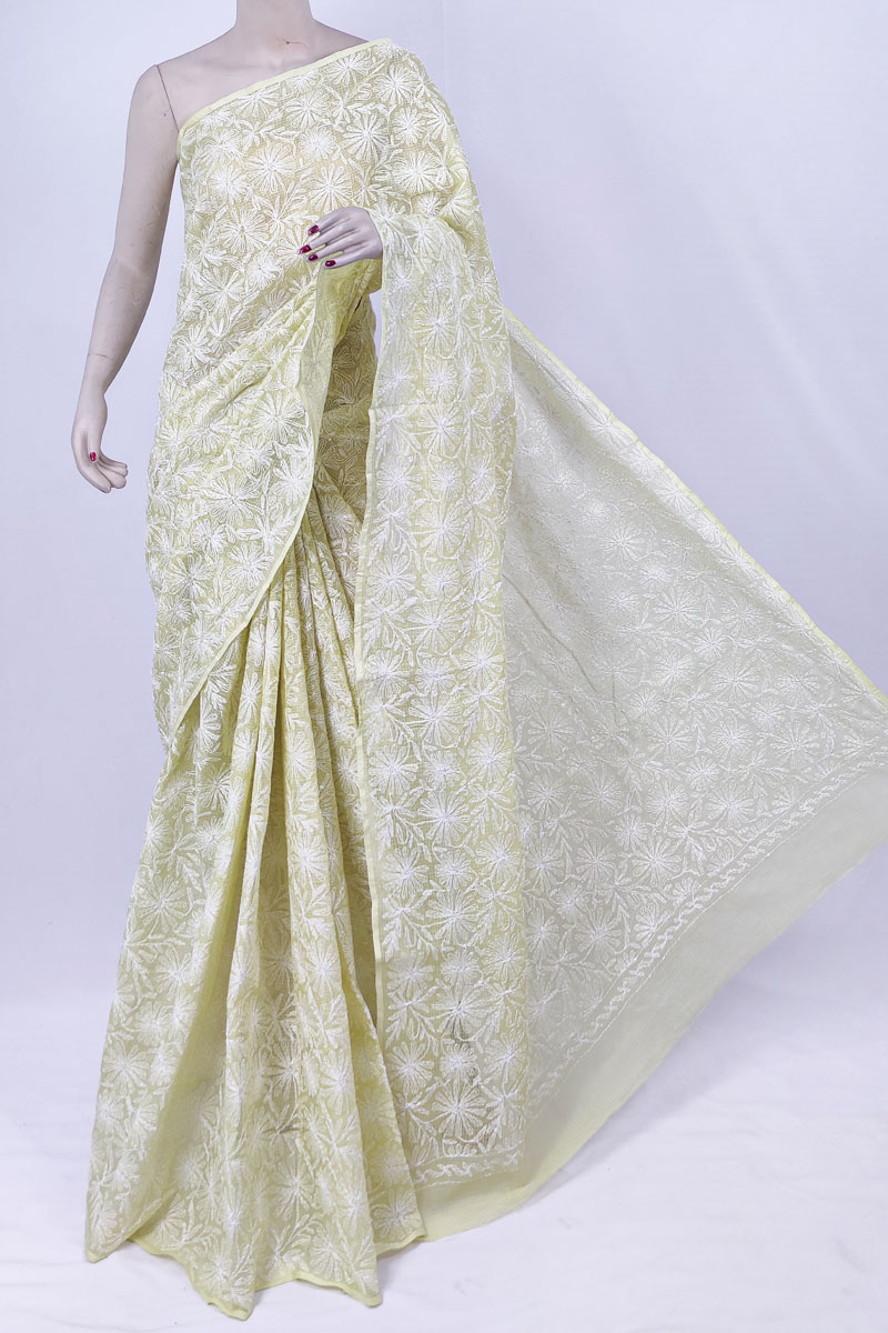 Lemon Colour Kota Cotton Lucknowi Chikankari Saree Without Blouse MC253222