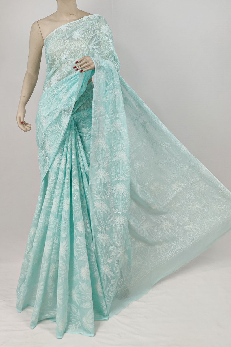 Sea Green Colour Kota Cotton Lucknowi Chikankari Saree With Blouse MC253224