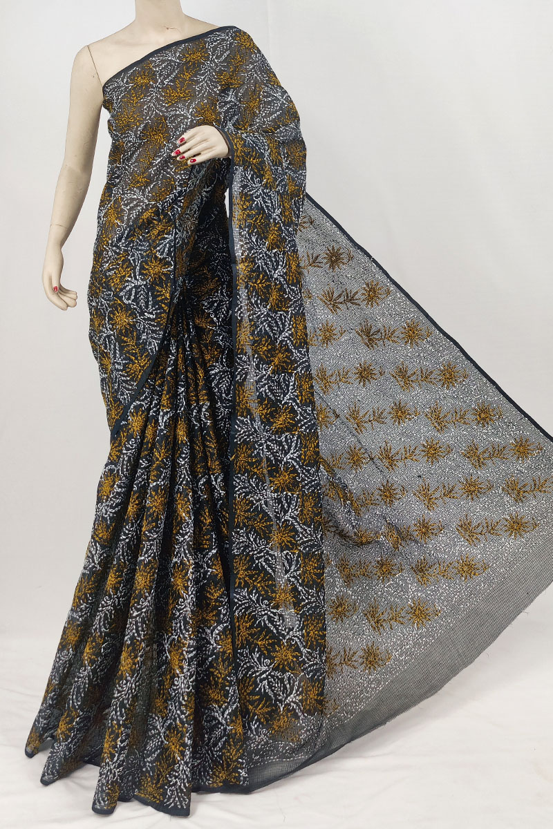 Black Colour Kota Cotton Lucknowi Chikankari Saree With Blouse MC253226