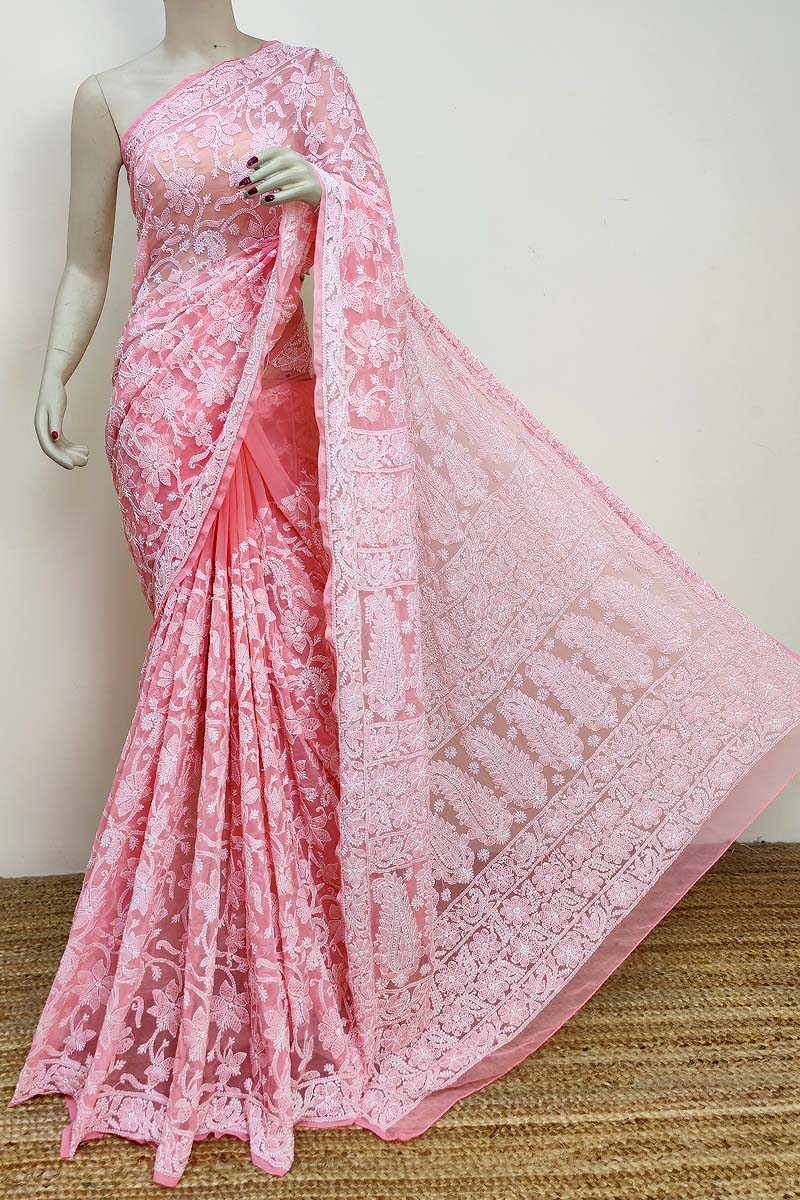 Peach Color Allover Hand Embroidered Lucknowi Chikankari Saree (With Blouse - Georgette) MC252904