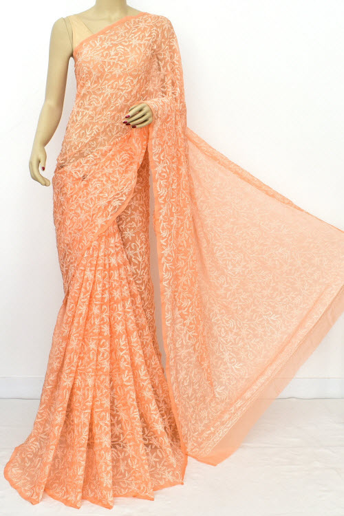 Orange Hand Embroidered Tepchi Work Lucknowi Chikankari Saree With Blouse (Faux Georgette) 16512