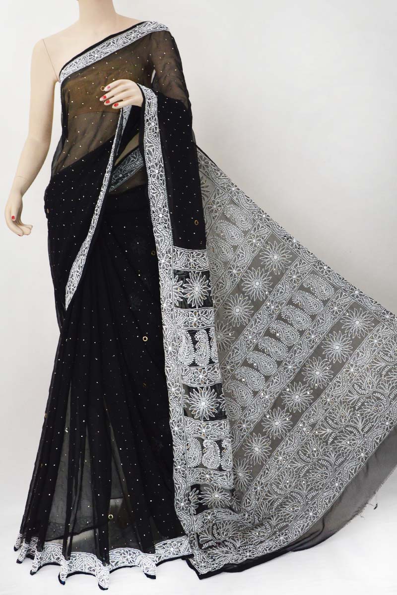 Black tissue saree with multicolour chikankari work – Dhaaga&Co.