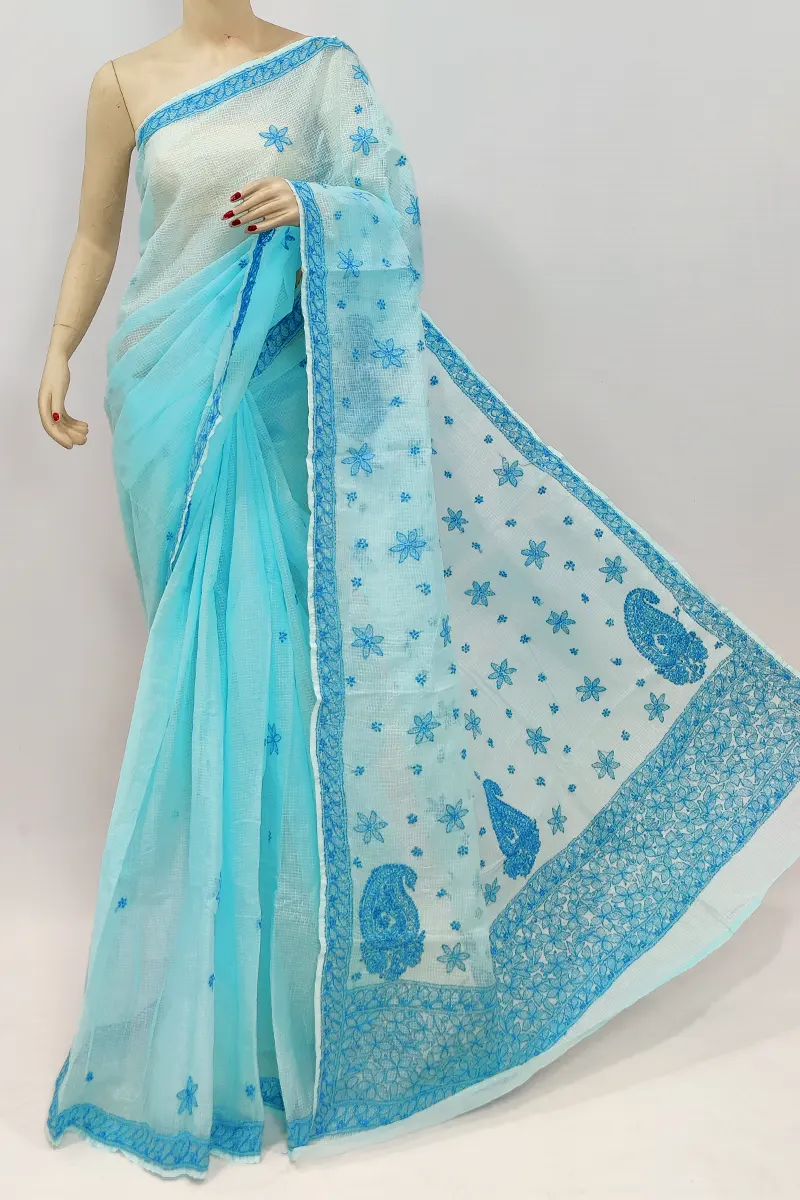 Blue Colour Kota Cotton Hand Embroidered Lucknowi Chikankari Saree With Blouse Mc253016