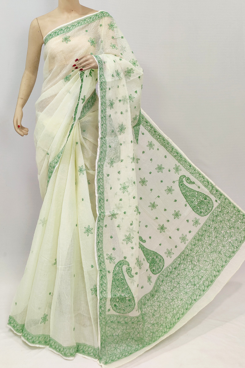 Green Colour Kota Cotton Hand Embroidered Chikankari Saree With Blouse MC253018