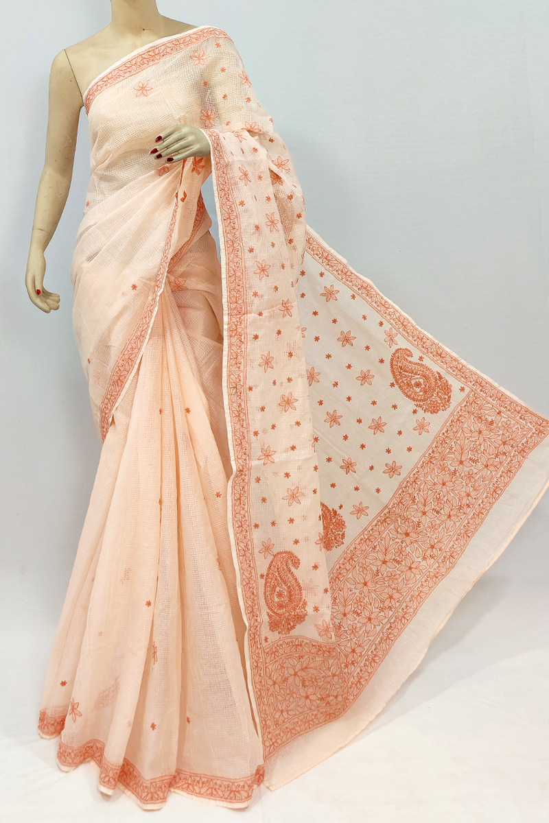 Orange Colour Kota Cotton Hand Embroidered Chikankari Saree With Blouse Mc253019