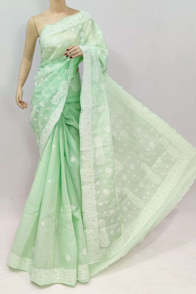 Mint Green Colour Cotton Hand Embroidered Chikankari Saree With Blouse MC253022