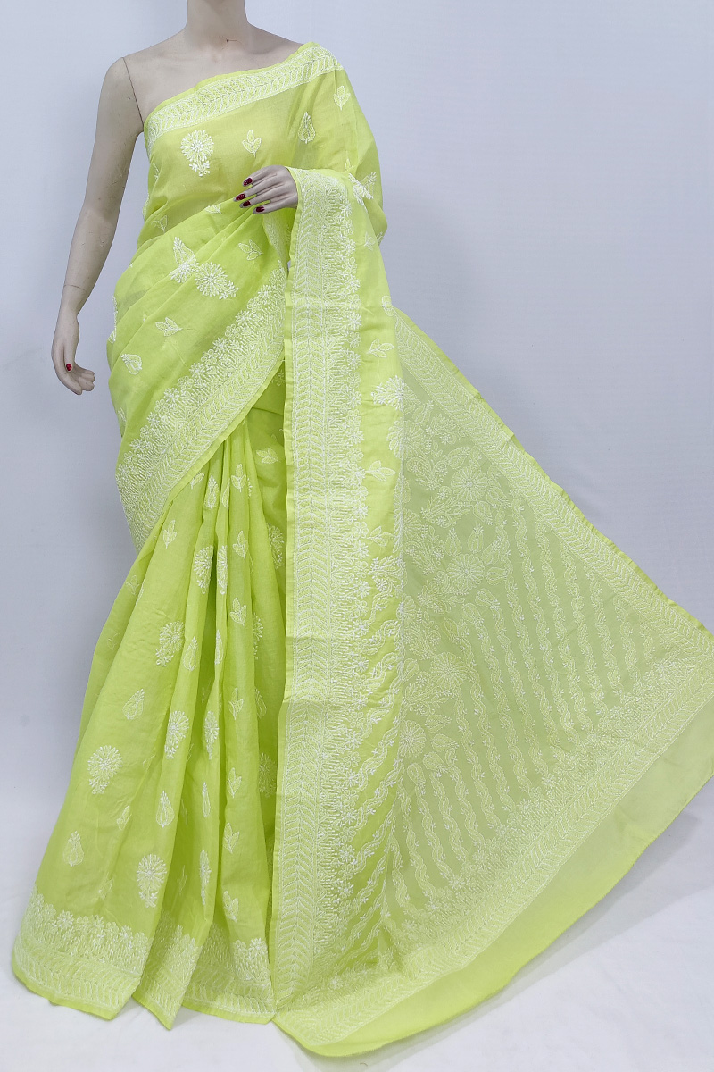 Lemon Green Colour Cotton Hand Embroidered Chikankari Saree With Blouse MC253024