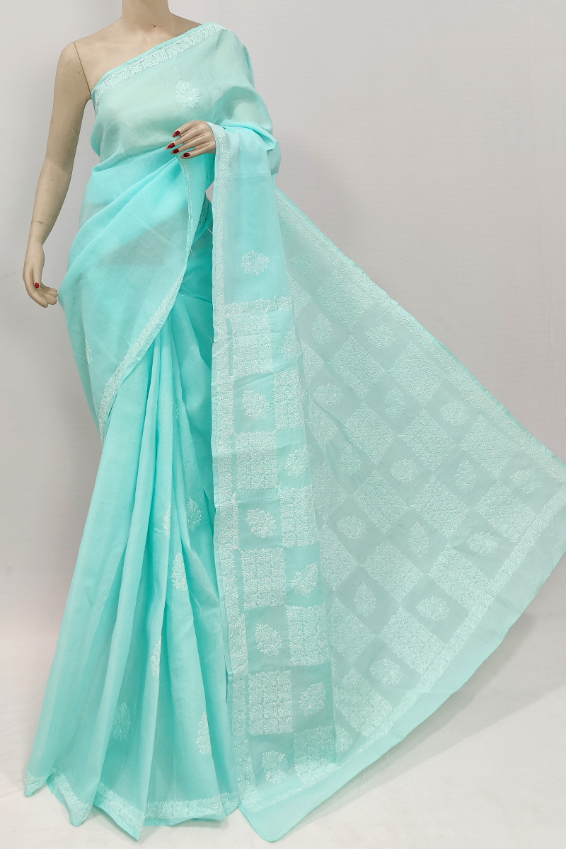 Sea Green Colour Cotton Hand Embroidered Lucknowi Chikankari Saree With Blouse MC253025