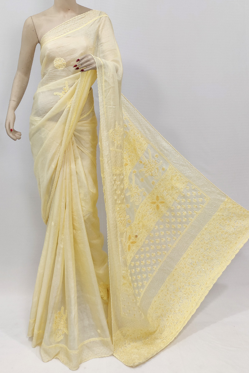 Light Yellow Colour Tussur Silk Lucknowi Chikankari Saree With Blouse MC253027