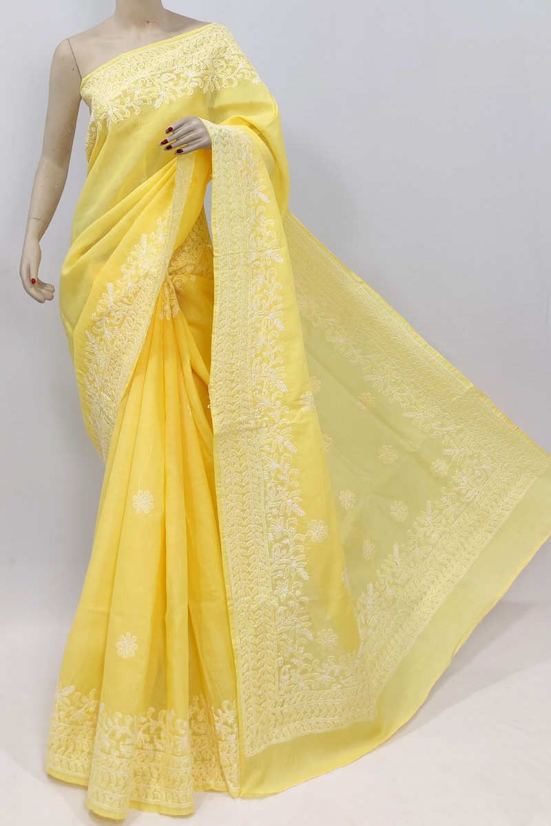 Yellow Colour Cotton Lucknowi Chikankari Saree With Blouse MC253028