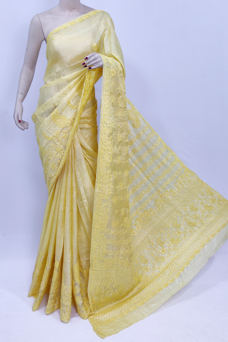 Yellow Colour Tussur Silk Lucknowi Chikankari Saree With Blouse MC253030