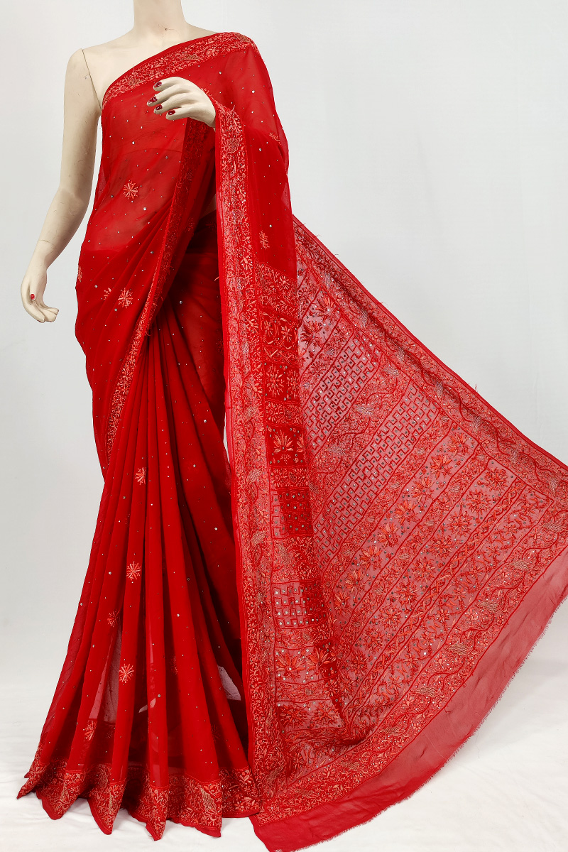 Red Colour Pure Georgette Lucknowi Chikankari Saree With Blouse With Mukaish Work Mc253102