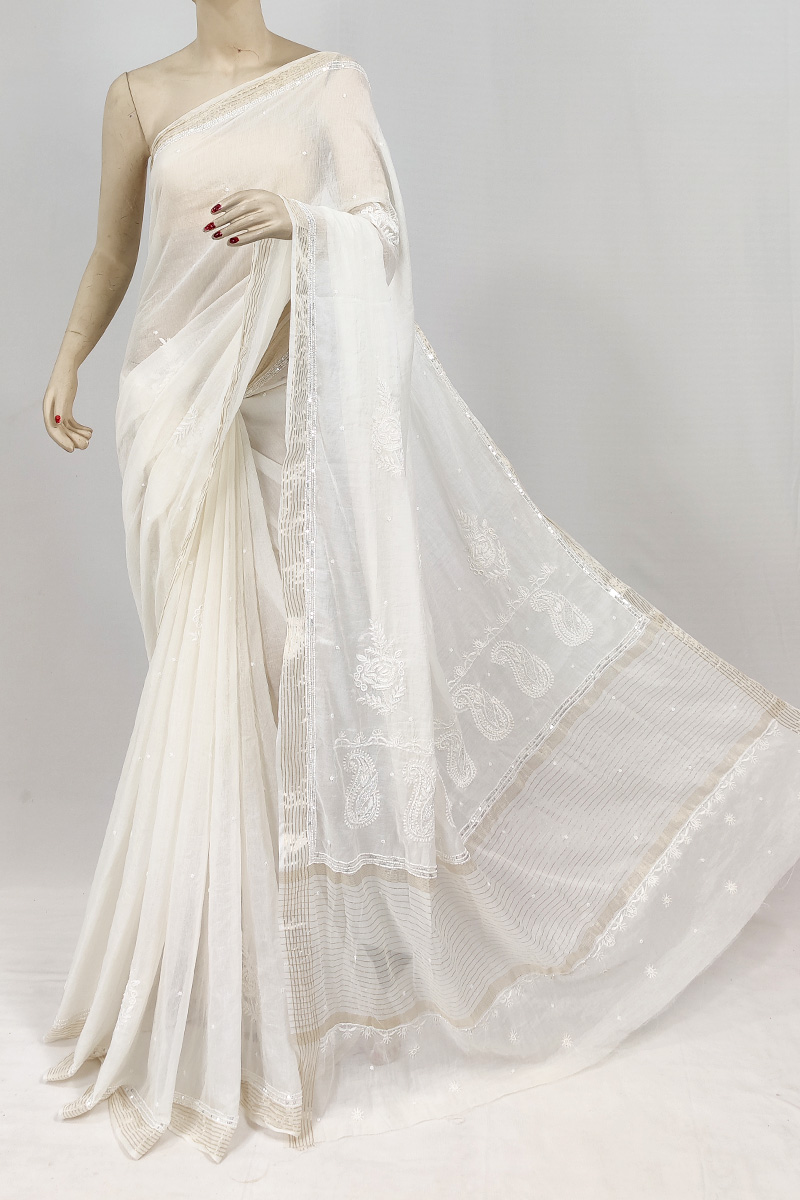 White Colour Chanderi Silk Chikankari Saree With Blouse With Sequence & Pearl Work Mc253103