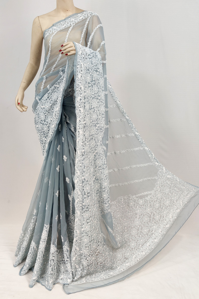 Grey Colour Georgette Lucknowi Chikankari Saree With Blouse Mc253104