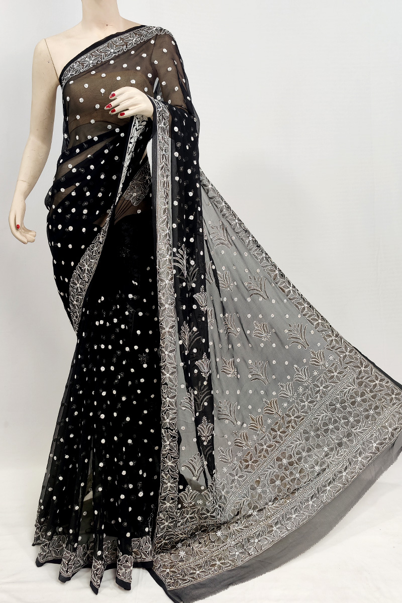 Black Colour Georgette Bootijal Lucknowi Chikankari Saree With Blouse Mc253105