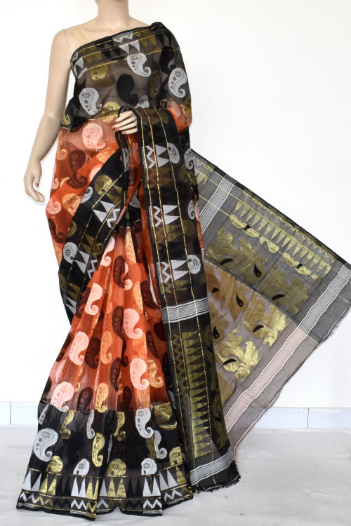 Buy Black Orange Dhakai Jamdani Handwoven Bengal Tant Cotton Saree Without Blouse Zari Border Www Maanacreation Com