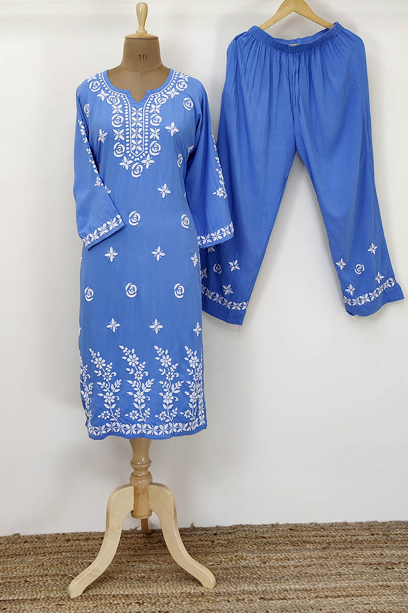 Sky Blue Color Hand Embroidered Lucknowi Chikankari Suit (reyon Cotton) Mn252227