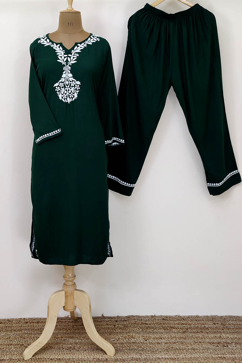 Bottle Green Color Hand Embroidered Lucknowi Chikankari Suit (reyon Cotton) Mn252228