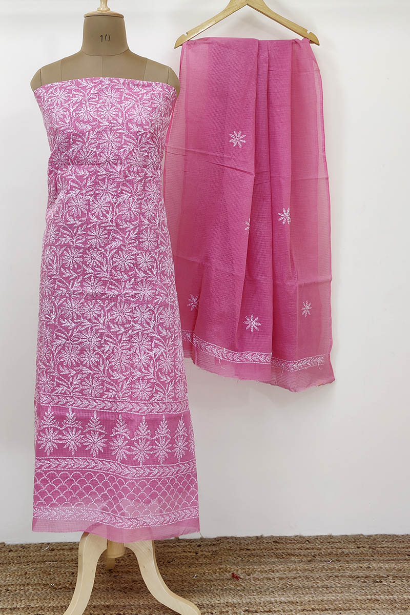 Pink Color Tepchi Work Hand Embroidered Lucknowi Chikankari kurta with dupatta (Kota Cotton) MN252240
