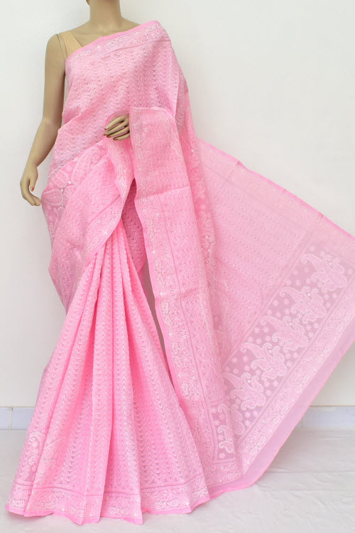 Pink Color Hand Embroidered Lucknowi Chikankari Saree (With Blouse - Cotton) 14858