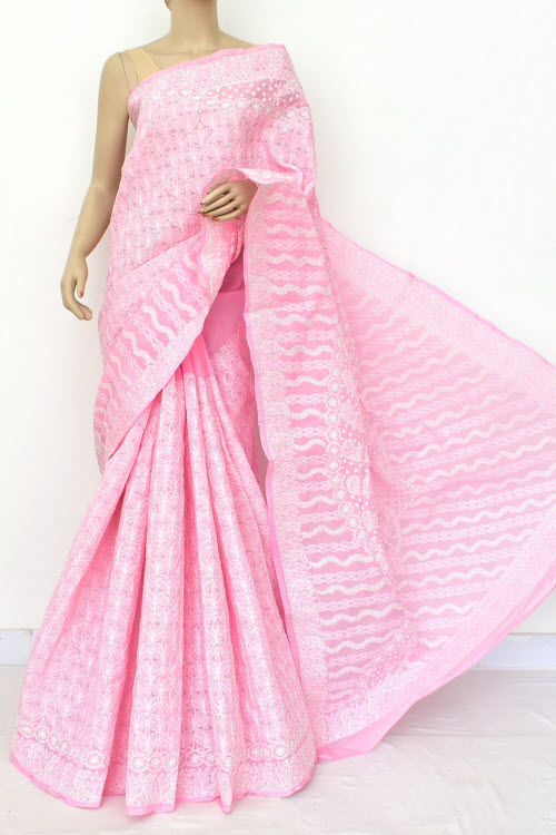 Pink Color Hand Embroidered Lucknowi Chikankari Saree (With Blouse - Cotton) 14859