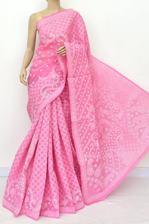 Pink Color Hand Embroidered Lucknowi Chikankari Saree (With Blouse - Cotton) 14864