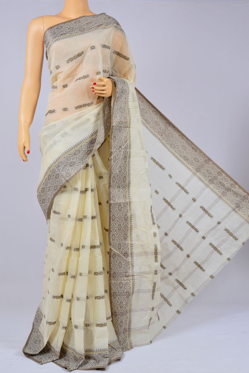 Real Beige Pure Cotton Tant Bengal Handloom Dhakai Jamdani Saree | Exotic  India Art