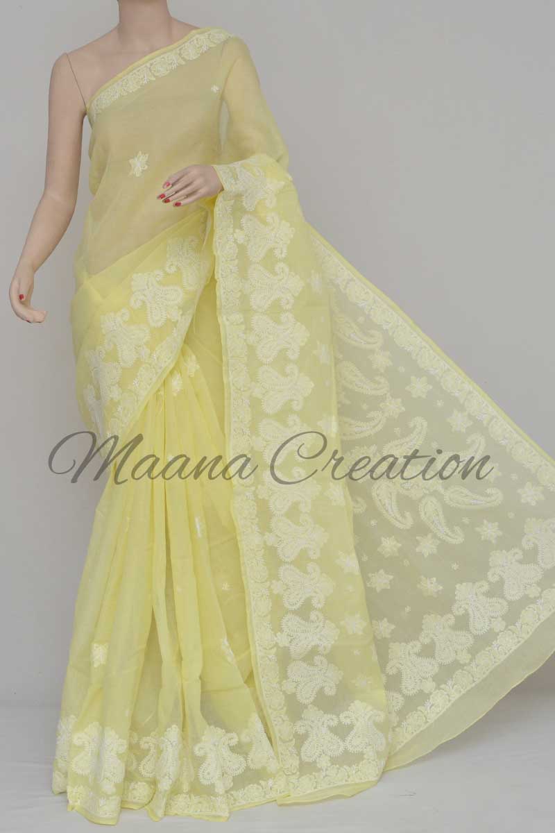 Yellow Color Cotton Designer Hand Embroidered Lucknowi Chikankari Saree (With Blouse) SM250901