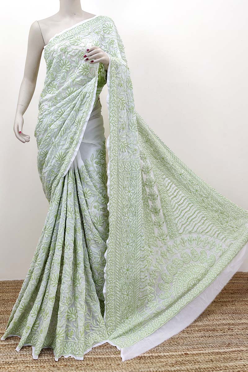 White Color Allover Hand Embroidered Lucknowi Chikankari Saree (With Blouse - Georgette) MC252503