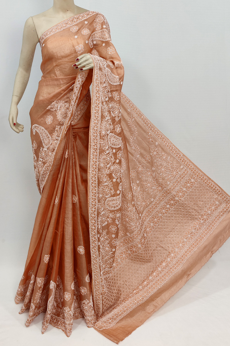 Brown Colour Tussur Silk Lucknowi Chikankari Saree With Blouse Mc253031