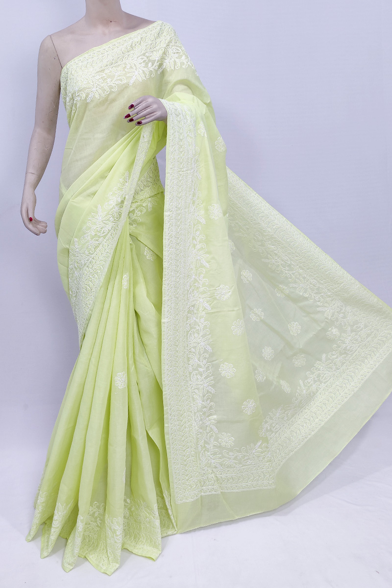 Lemon Colour Cotton Hand Embroiderd Lucknowi Chikankari Saree With Blouse MC253033