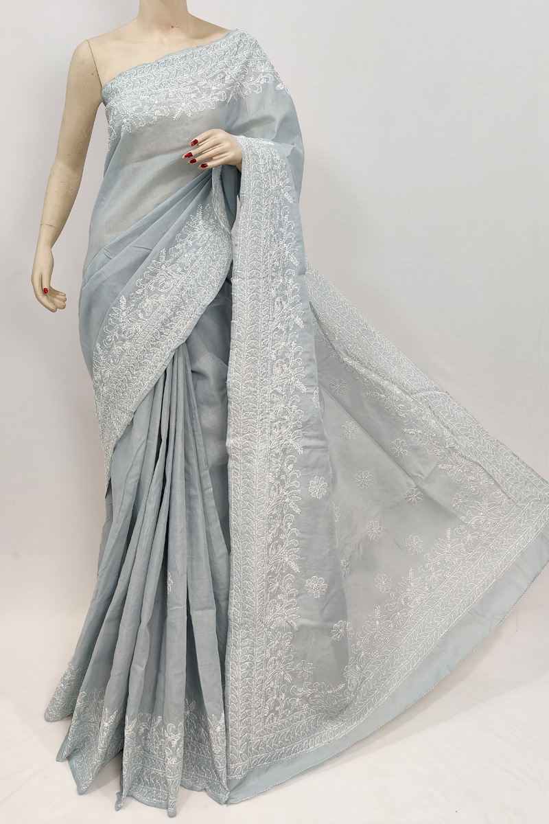 Grey Colour Cotton Hand Embroiderd Lucknowi Chikankari Saree With Blouse MC253034