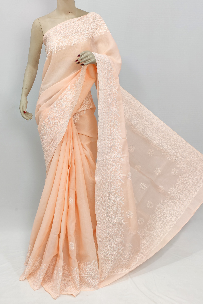 Light Orange Colour Cotton Hand Embroiderd Lucknowi Chikankari Saree With Blouse Mc253035