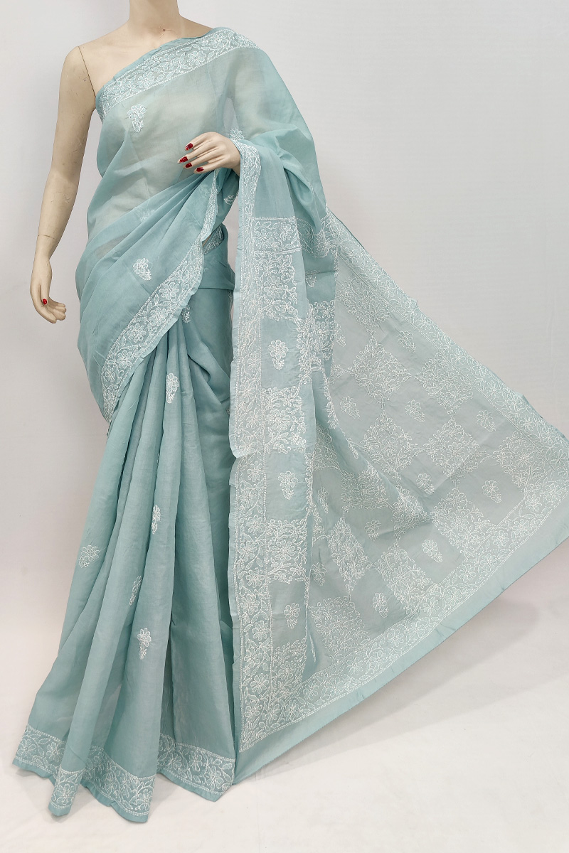 Grey Colour Cotton Hand Embroiderd Chikankari Saree With Blouse MC253037