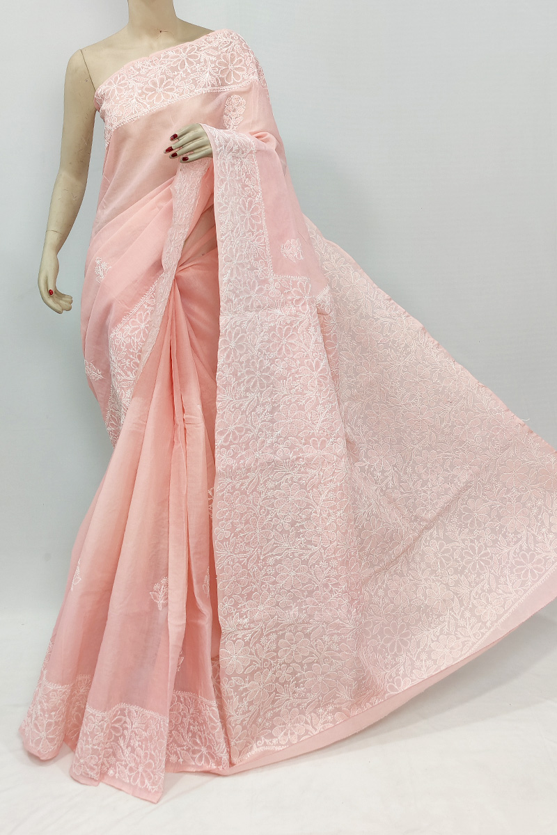 Peach Colour Cotton Hand Embroiderd Chikankari Saree With Blouse MC253039