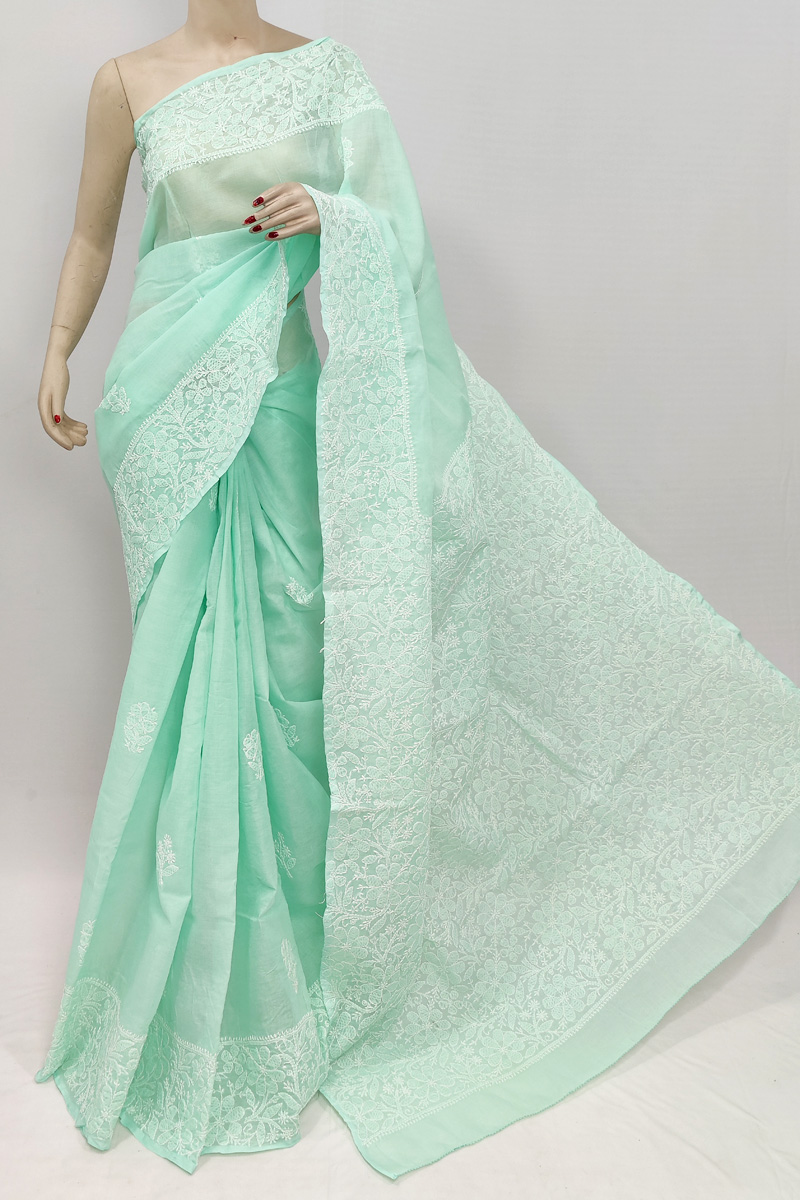 Sea Green Colour Cotton Hand Embroiderd Chikankari Saree With Blouse Mc253040