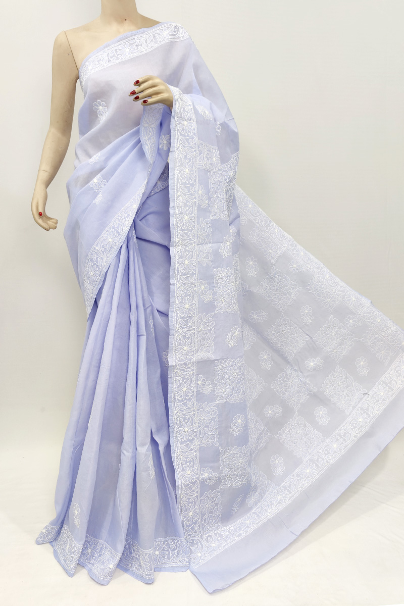 Lavender Colour Cotton Hand Ebroiederd Chikankari Saree With Blouse Mc253041