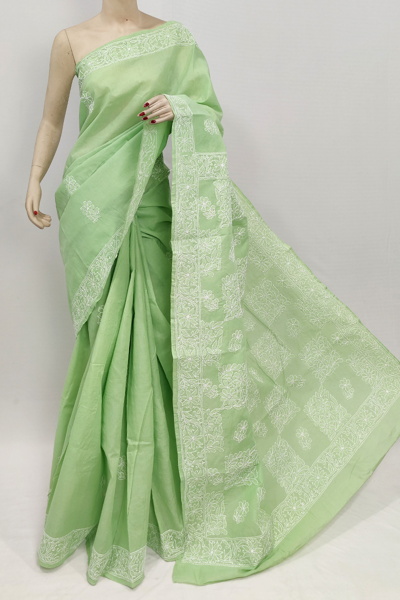 Green Colour Cotton Hand Embroiderd Chikankari Saree With Blouse MC253043