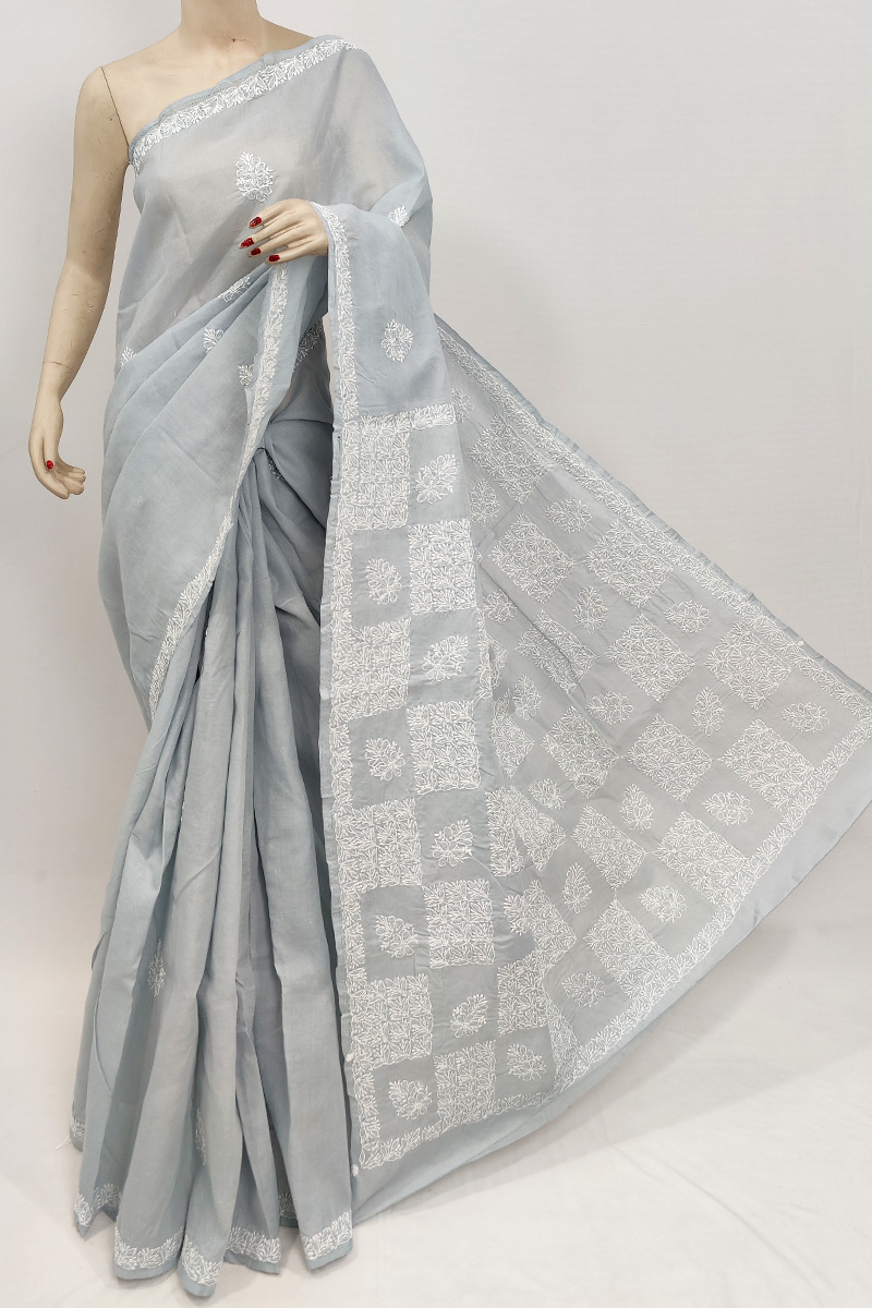 Grey Colour Cotton Hand Embroiderd Chikankari Saree With Blouse Mc253044