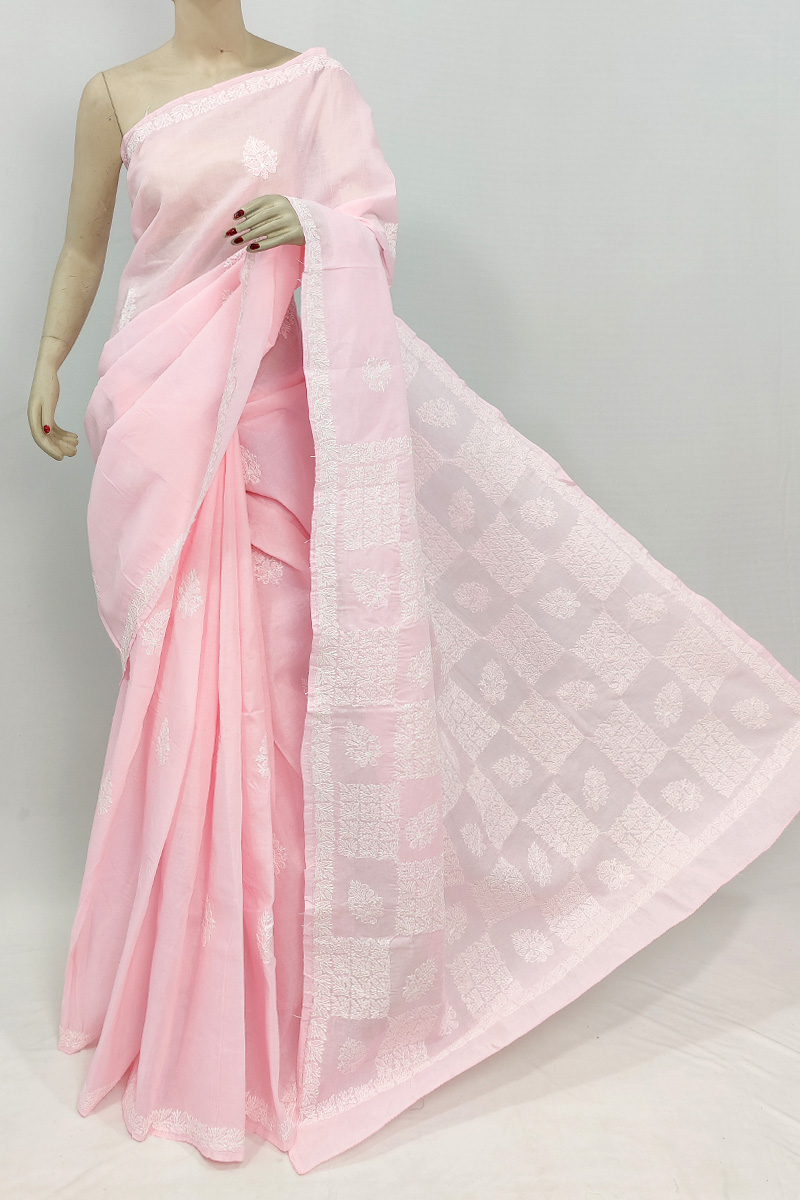 Pink Colour Cotton Hand Embroiderd Chikankari Saree With Blouse MC253045