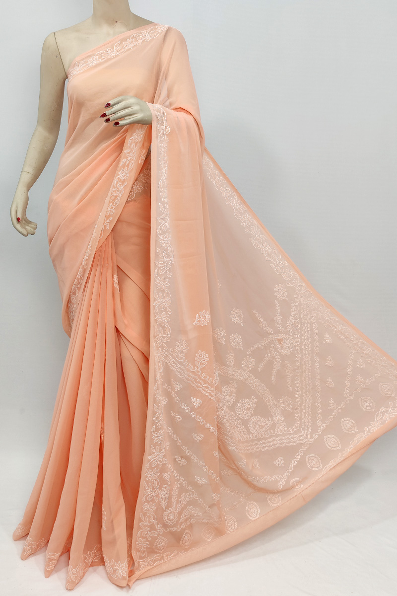 Light Orange Colour Georgette Lucknowi Chikankari Saree With Blouse MC253047