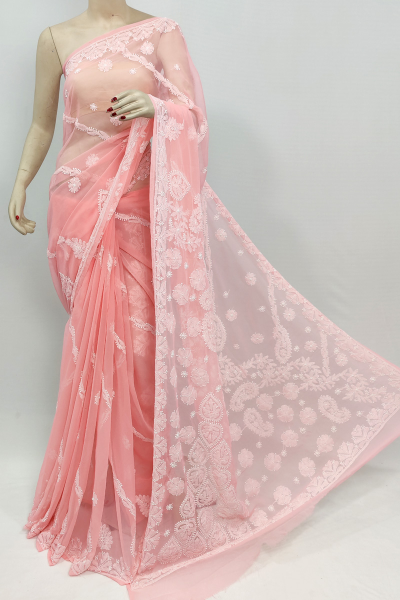 Peach Colour Georgette Lucknowi Chikankari Saree With Blouse Mc253048