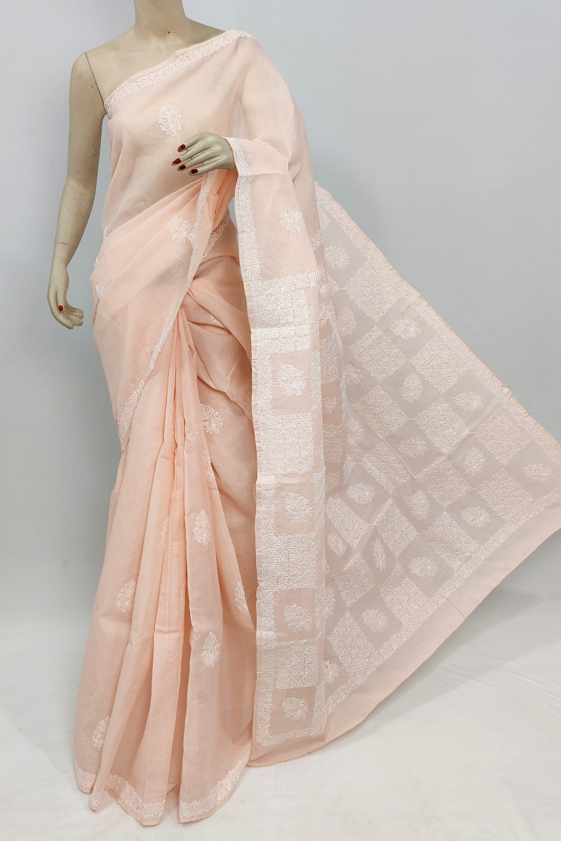 Light Orange Colour Cotton Hand Embroiderd Chikankari Saree With Blouse MC253049