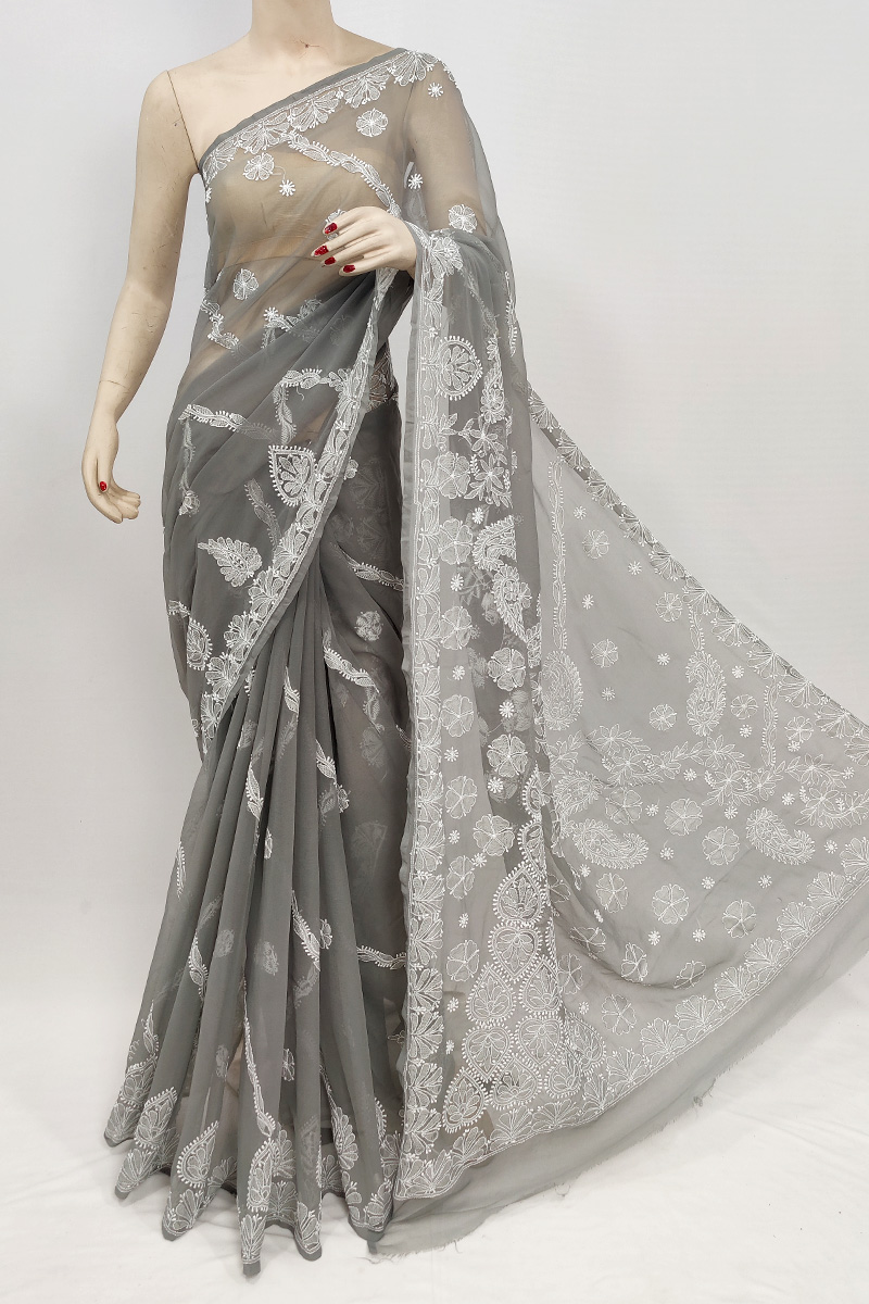 Grey Colour Georgette Lucknowi Chikankari Saree With Blouse MC253050