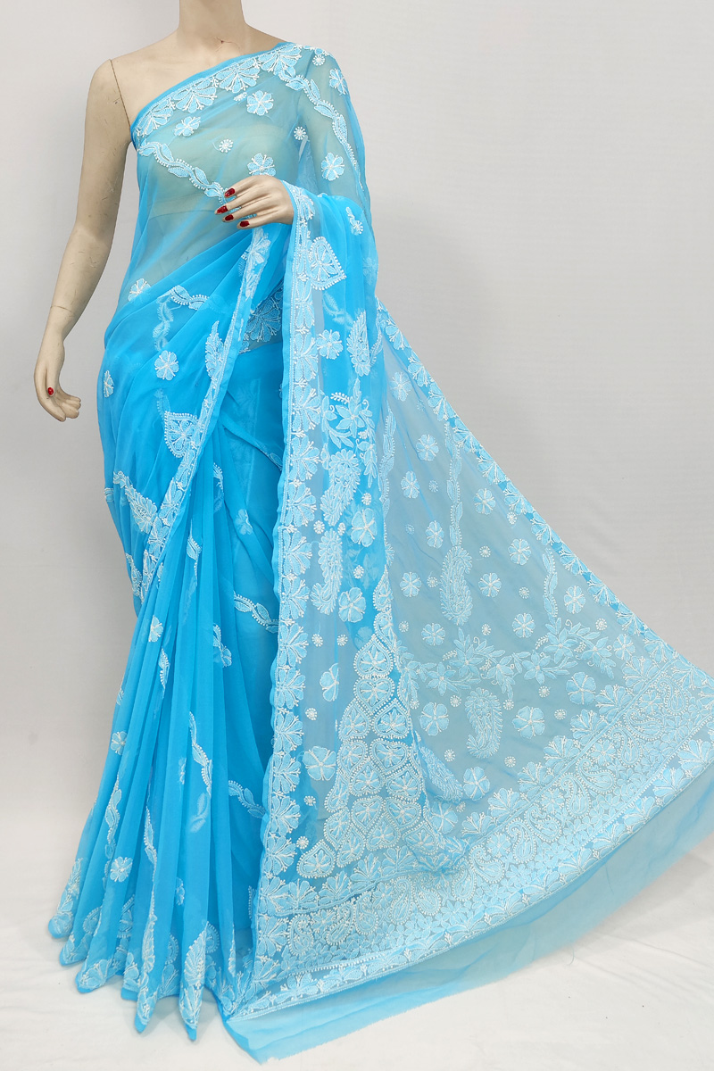 Blue Colour Georgette Lucknowi Chikankari Saree With Blouse MC253052