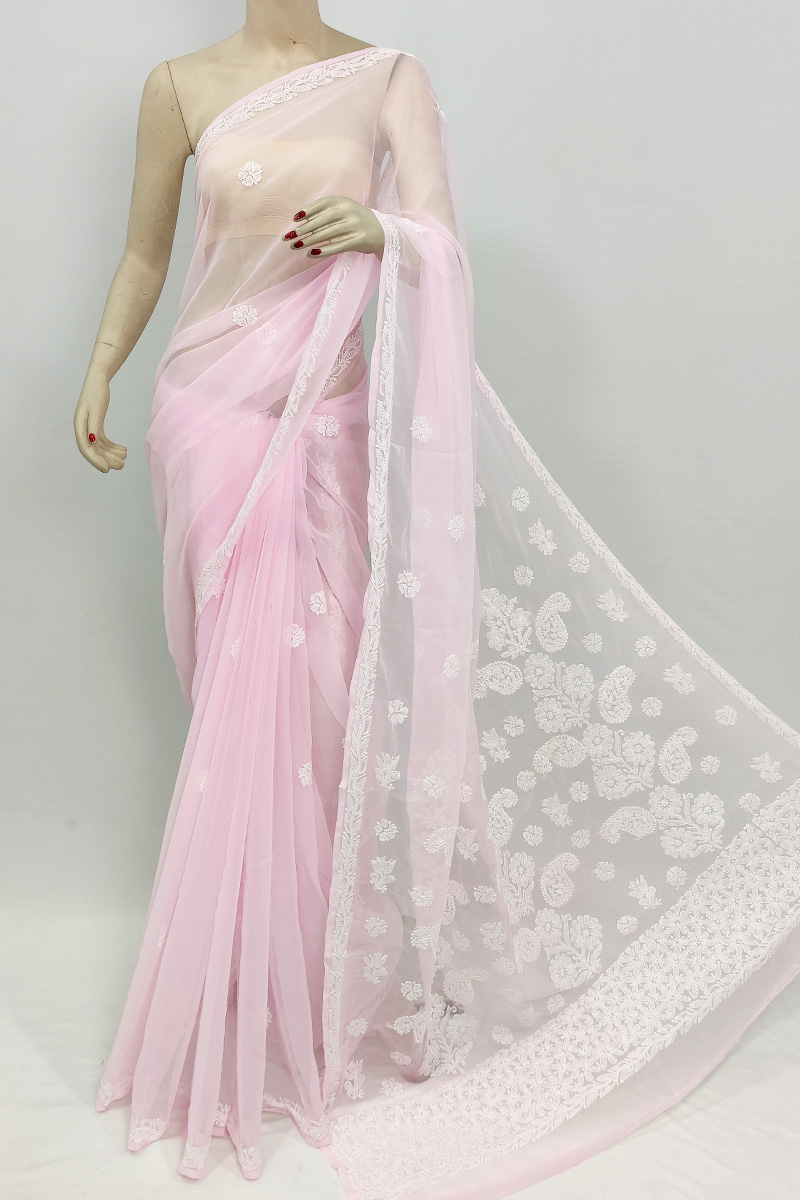 Pink Colour Georgette Lucknowi Chikankari Saree With Blouse MC253053