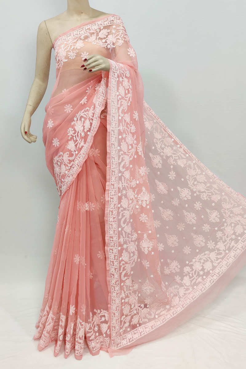 Peach Colour Georgette Lucknowi Chikankari Saree With Blouse MC253054